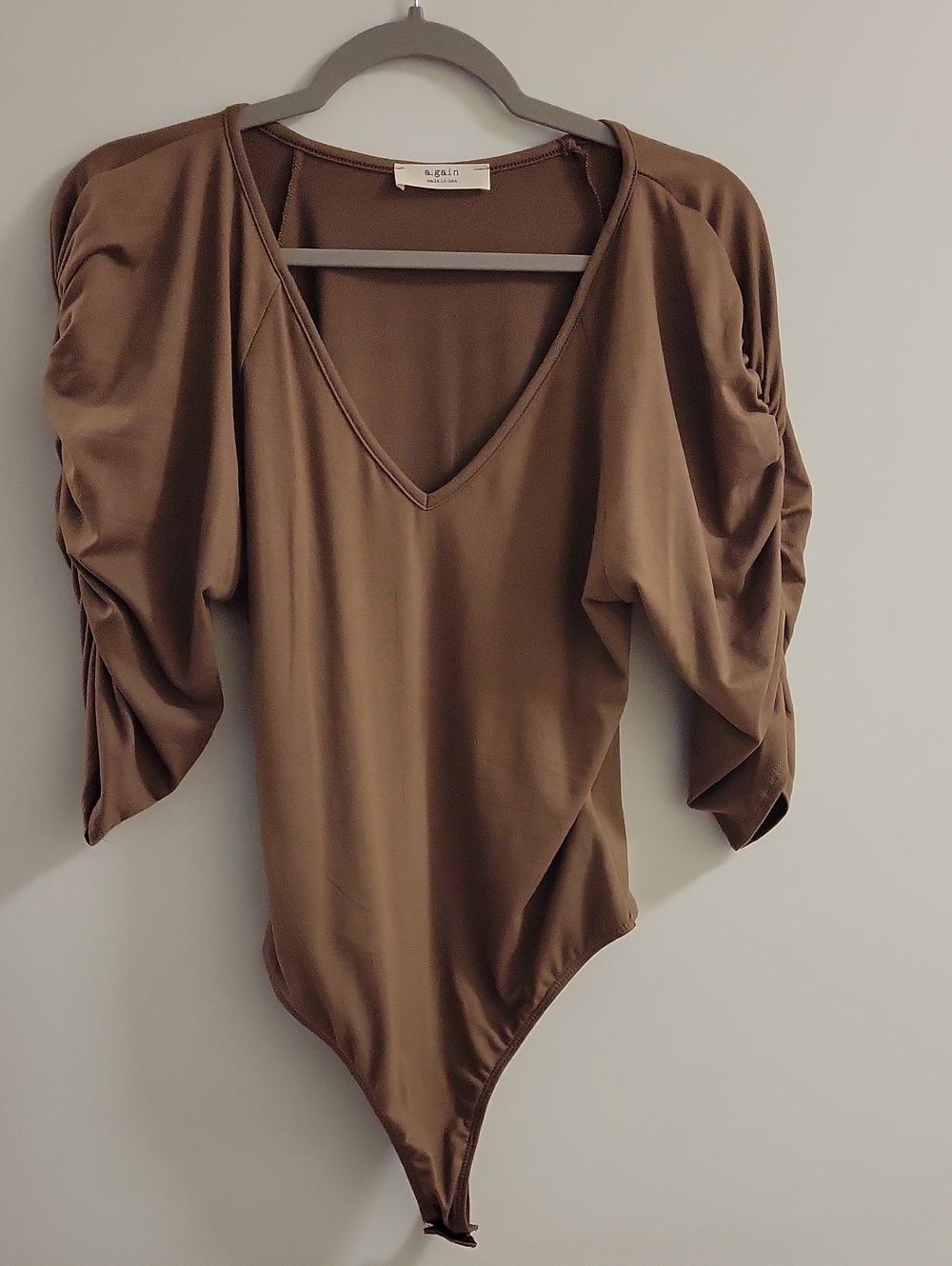 A.Gain Brown V-Neck‎ Ruched Sleeve Thong  Bodysuit